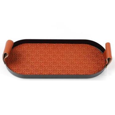 Imagem de Bandeja de Decoração em Metal e Couro Retangular de Mesa Luxo - Bandej
