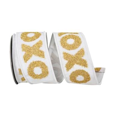 Imagem de Reliant Ribbon Xo Hugs and Kisses Bordado Deluxe Backed Wire Edge Ribbon, Branco/Dourado