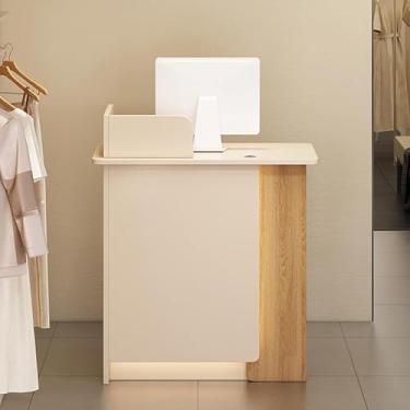 Imagem de Balcão De Recepção Com Luzes Led, Mesa De Escritório Frontal Aberta Moderna Com Gaveta Com Fechadura E Armário De Porta, Balcão De Checkout De Varejo, Apricot Wood Color, 100x45x95cm