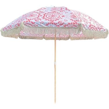 Imagem de Guarda-sol De Praia Boho 7ft Com Franja, Guarda-sol De Jardim Portátil Ao Ar Livre Upf50 Proteção Uv, Guarda-chuva à Prova D'Água Para Varanda, Beira-mar, Piscina, Red, 220cm/7.2ft