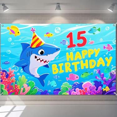 Imagem de BlissYard Banner Happy 15th Birthday Tema Aventura Oceânica 171 x 43 polegadas Fundo sob o mar com chapéu de festa tubarão peixe colorido para crianças, meninos, meninas, 15 anos de idade, decoração