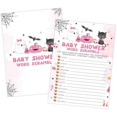 Imagem de Pink Halloween Baby Shower Word Scramble Game, 30pcs Halloween Hat Pumpkin Gender Reveal Games for Guests, Neutro Gênero Revelar Decorações Favores de Atividades de Chá de Bebê, 12,7 x 18 cm