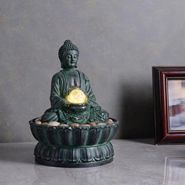 Imagem de Fonte de mesa interna Buda requintada estátua de meditação sentada, fonte de água de mesa, fonte de água decorativa Zen com bola de rolamento de vidro/LED/pedra para escritório/casa/decoração feng