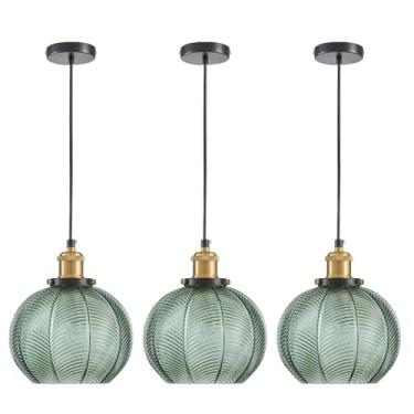 Imagem de ZRPSSGE Luz pendente verde 3 luzes pendentes de pia de cozinha com vidro soprado à mão verde pequena lâmpada suspensa para cozinha ilha sala de jantar quarto banheiro corredor E26