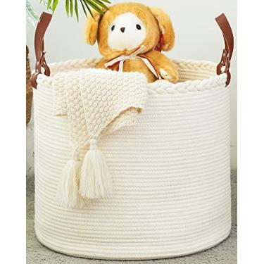 Imagem de KAKAMAY Cesta grande (45,7 x 40,6 cm), cesto de roupa suja de bebê, cesta de cobertor de corda de algodão para berçário, lavanderia, sala de estar, travesseiros, baú de brinquedo de bebê com alças de
