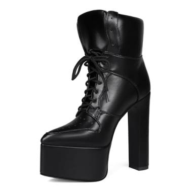 Imagem de Oisbmats Botas femininas de salto alto plataforma bico fino com cadarço moderno e tira no tornozelo, Preto, 37