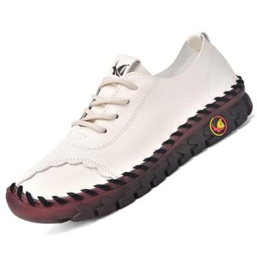 Imagem de Mocassins Femininos Modernos de Couro Genuíno com Fundo Macio Confortável Costurado à Mão Antiderrapante Sapatos de Caminhada Ortopédicos 4D Alívio da Dor Sapatos Casuais, Branco, 40