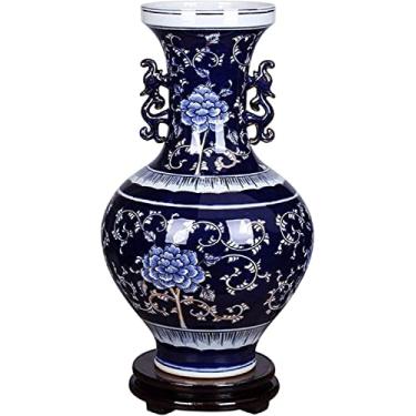 Imagem de Vaso de flores vaso de cerâmica 40 cm grande vaso de flor de porcelana chinês antigo de orelha dupla pintado à mão vasos de cerâmica áspera sala de estar sala de jantar decoração ornamentais vasos