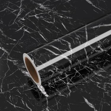 Imagem de VEELIKE Papel de contato de mármore preto brilhante para bancadas à prova d'água, papel de contato de 40 x 39 cm, papel de parede autoadesivo de mármore de vinil para cozinha, banheiro, bancada