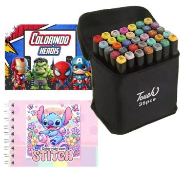 Imagem de Livros De Colorir Pintar Stitch + Herois + Canetinhas 36 Cores - Touch