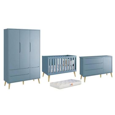 Imagem de Dormitório Theo 3 Portas Azul Com Pés Madeira Natural E Colchão D18 Branco Reller Móveis