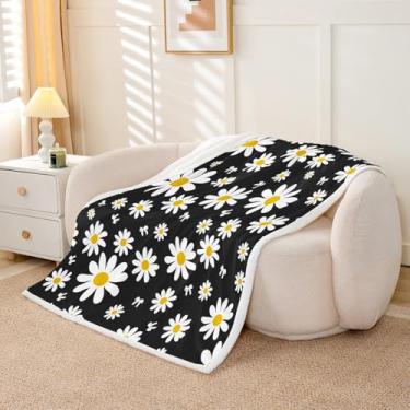 Imagem de Feelyou Cobertor de lã de ovelha de margarida preta felpudo felpudo cobertor de lã para meninos meninas estampa floral para cama sofá cadeira sala de estar decoração de quarto botânico 127 x 152 cm