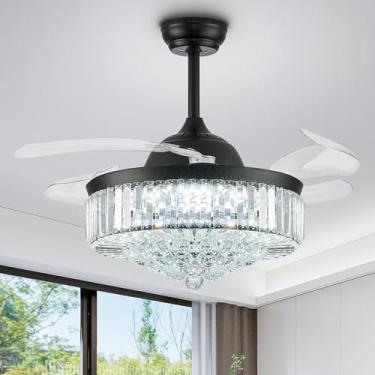 Imagem de FIDGRA Ventilador de teto candelabro de 42 polegadas com luz, lustre retrátil ventilador de teto de cristal LED dimível ventilador de teto para quarto sala de estar sala de jantar sala de jantar