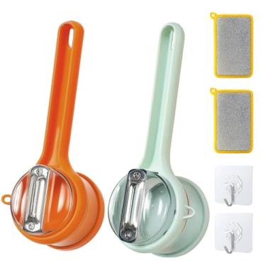 Imagem de ZHLKHIOP Conjunto de 6 facas para descascar com caixa de armazenamento, descascador de vegetais com coletor, inclui 2 descascadores, 2 esponjas, 2 ganchos