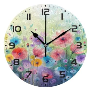 Imagem de JUZIHAI Relógio de parede abstrato floral aquarela silencioso, sem tique-taque, relógios de parede redondos, operados por bateria, fácil de ler, relógio decorativo de parede para casa, cozinha, sala