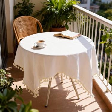 Imagem de Toalha de mesa redonda, acabamento de borla creme, decoração minimalista para mesas pequenas, capa de mesa de café e jantar (marfim 61 cm)
