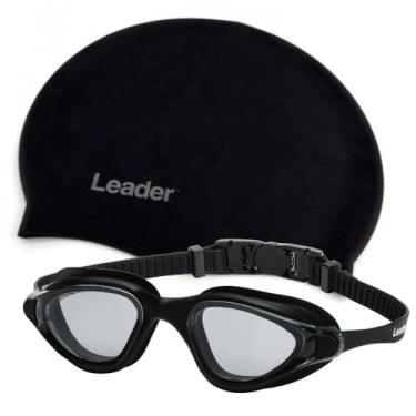 Imagem de Kit Óculos de Natação Leader Open Lente Antiembaçante Proteção UV + Touca de Silicone (Preto)