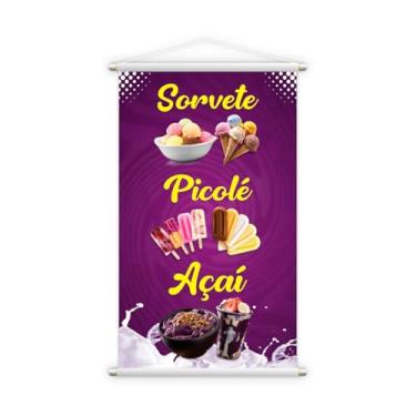 Imagem de Sacole Banner Decorativo, Sorvete Picolé Açaí, Roxo e Amarelo, 60x40 cm, Estilo Moderno para Sorveteria