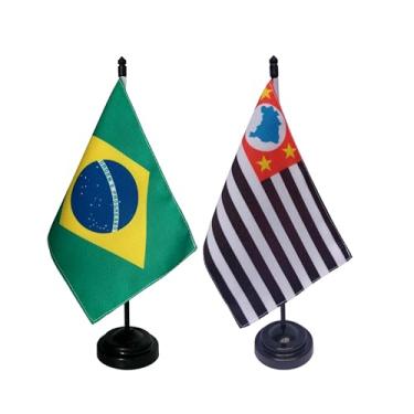 Imagem de Kit Bandeira de Mesa Brasil e São Paulo, Dupla Face, 19x13cm, Base Preta, Tecido Oxford, Decorativa para Escritório e Eventos