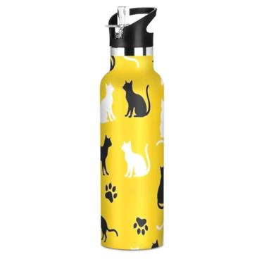 Imagem de Joisal Garrafa de água de aço inoxidável para adolescentes de 590 ml com tampa de palha, impressão de gato preto e branco garrafas de água isoladas com alça, copo de viagem sem BPA