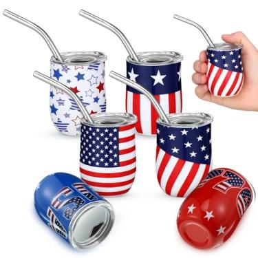 Imagem de Sieral Copo de vinho para presente de 4 de julho, 6 peças, mini copo de shot patriótico com bandeira americana de 85 g, com canudo e tampa, copos isolados de parede dupla de aço inoxidável para homens