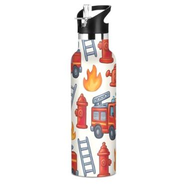 Imagem de Joisal Garrafas de água vermelhas de caminhão de bombeiros com tampa de canudo garrafa de água isolada de aço inoxidável para adolescentes meninas 590 ml livre de BPA copos infantis à prova de