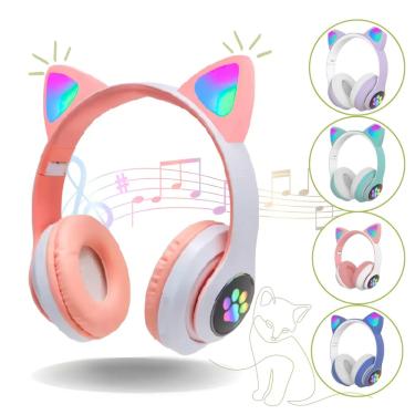 Imagem de Fone Bluetooth Orelha Gatinho LED Infantil Ajustavel Rosa
