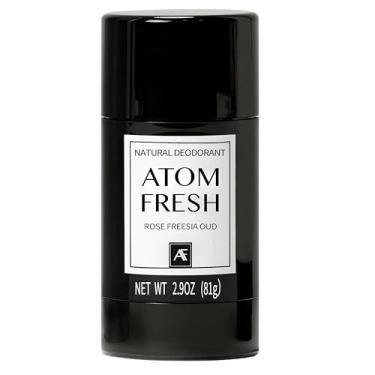 Imagem de Desodorante Atom Fresh Natural Solid Stick – 72H Triple Odor Defense – Sem alumínio, sem bicarbonato de sódio – com aminoácidos, pó mineral, amido vegetal – Rose Fressia Oud – Seguro para a pele – 82