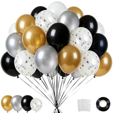 Imagem de Danadia Conjunto de 32 balões de ouro, 30,5 cm, dourado, preto, prata, metálico, com balões de confete de prata de 22 cm para decorações de aniversário, aposentadoria, festa de casamento