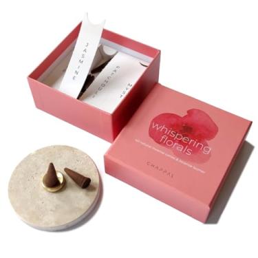 Imagem de Chappal Conjunto de meditação floral sussurrante – Incenso cone perfumado floral com elegante suporte de travertino para relaxamento, meditação e aromaterapia