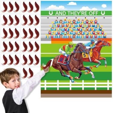 Imagem de QOUBAI 32 peças de jogos de cavalo Derby para crianças Pin The Tail on The Horse Poster Derby Party Games com adesivos de cauda para decorações de festa Derby Racing Horse Party Favors Supplies Kit