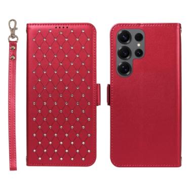 Imagem de Jcxtrombulous Capa carteira para Samsung Galaxy S25 Ultra com bloqueio RFID, compartimentos para cartões e suporte | Capa fólio de couro PU com alça de cordão - Capa vermelha para Galaxy S25 Ultra(6,9