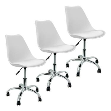 Imagem de Kit 3 Cadeiras Leda Office Luisa Saarinen Estofada Base Giratória Cromada - Branca