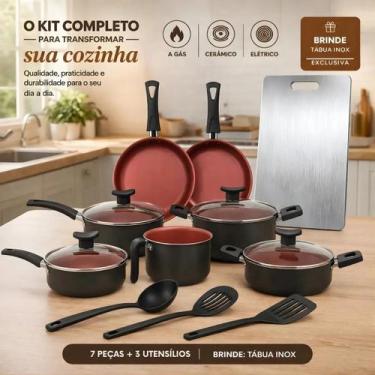 Imagem de Jogo De Panelas 11 Peças Teflon Antiaderente C Tampa De Vidro e tábua 