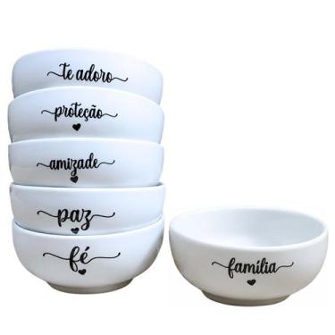 Imagem de Kit 6 Bowl Tigela Cumbuca 350ml Porcelana Branca Decorada Estampa:Pret