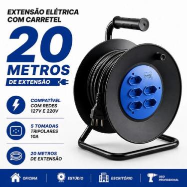 Imagem de Extensão elétrica carretel 20 metros 5 tomadas 10 amperes oficina escr