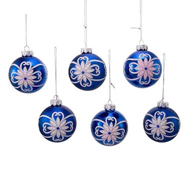 Imagem de Kurt S. Adler 80 mm brilhante e fosco azul com flores brancas e prateadas bola de vidro, conjunto de 6 peças de enfeites em caixa, multicolorido, 6 unidades