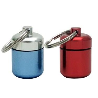 Imagem de 2 pacotes de recipientes de comprimidos de alumínio chaveiro bolso porta-comprimidos de medicamento de metal caixa de comprimidos de viagem (azul e vermelho)