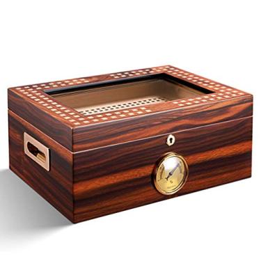 Imagem de Caixa retrô de madeira de cedro, umidificador de charuto, caixa de armazenamento de charutos de grande capacidade, comporta 100 charutos com higrômetro, caixa de vidro para charutos – presente para homens