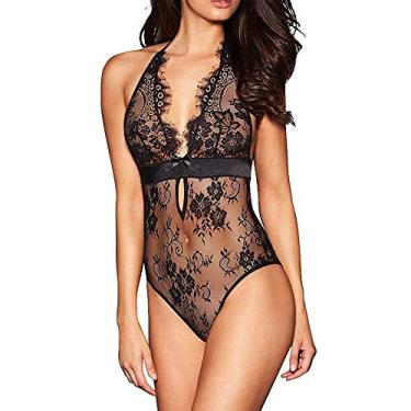Imagem de Bigfanshu Lingerie sexy frente única de renda babydoll aberto virilha sutiã com tiras de strass preto