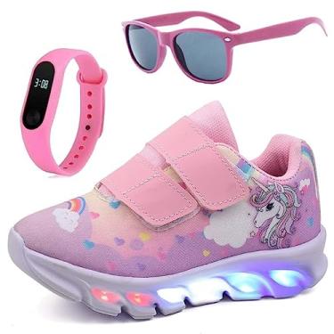 Imagem de Tenis Infantil De Led Unicornio Calce Facil Meninas LIGHT + Oculos Relogio Cor:Rosa;Tamanho:34