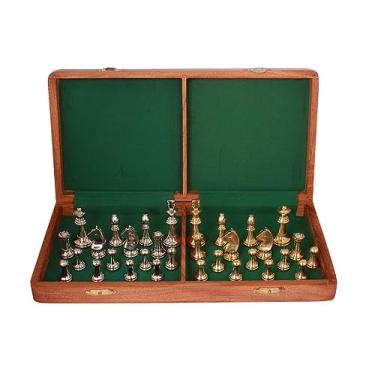 Imagem de Jogo Tabuleiro de Xadrez Dobrável em Madeira Revestido com Veludo e Peças em Metal Profissional com Acabamento Perfeito