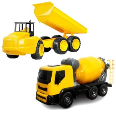 Imagem de Kit Caminhão Betoneira Giratória e Carrinho Caçamba de Areia Brinquedo Infantil Cenários de Obras Brincando na Terra