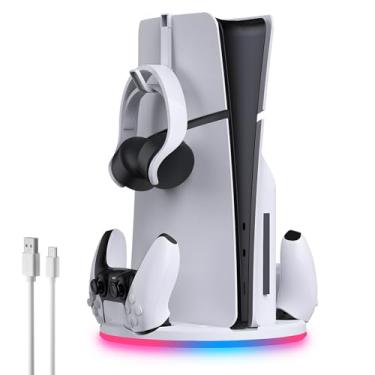 Imagem de Estação de carregamento de suporte e controlador duplo para PS5 Slim. Suporte vertical RGB PS5 legal com carregador de controlador, acessório de base de suporte PS5. (Branco)