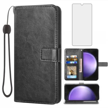 Imagem de Capa carteira compatível com Samsung Galaxy S23 fe 5G, protetor de tela de vidro temperado e capa flip de couro, suporte de cartão de crédito, acessórios para celular, capas para celular para S 23fe