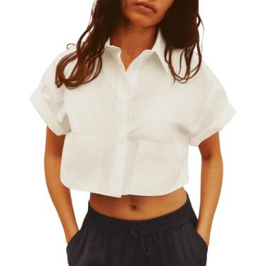 Imagem de Tankaneo Camisetas femininas de botão cropped de manga curta com bolsos, Bege, M