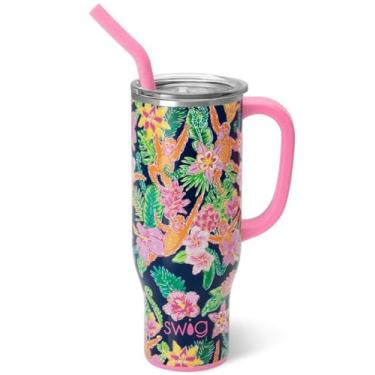 Imagem de Swig Life Mega caneca de 850 g, copo de 850 g com alça e canudo, adequado para copo, pode ser lavado na lava-louças, copo isolado extragrande, garrafa de água de aço inoxidável (Jungle Gym)