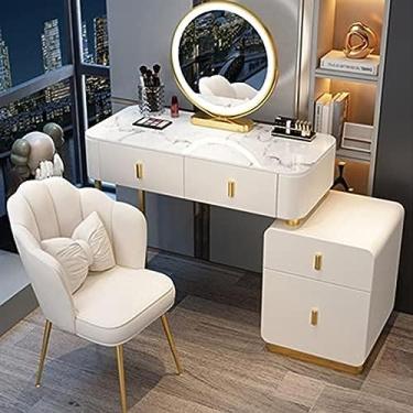 Imagem de Conjunto de penteadeira e banco de maquiagem, penteadeira com espelho de luzes LED, brilho ajustável, penteadeira com gavetas, móveis de quarto, para mulheres e meninas, branco + dourado, 80
