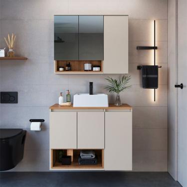 Imagem de Conjunto de Gabinete com Cuba Branca e Armário de Banheiro com Espelho Cecília 3 PT 3 GV Mel e Arenas