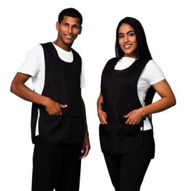 Imagem de Avental Bata Oxford Liso Preto Frente e Costa LojaLoja Com 2 Bolsos